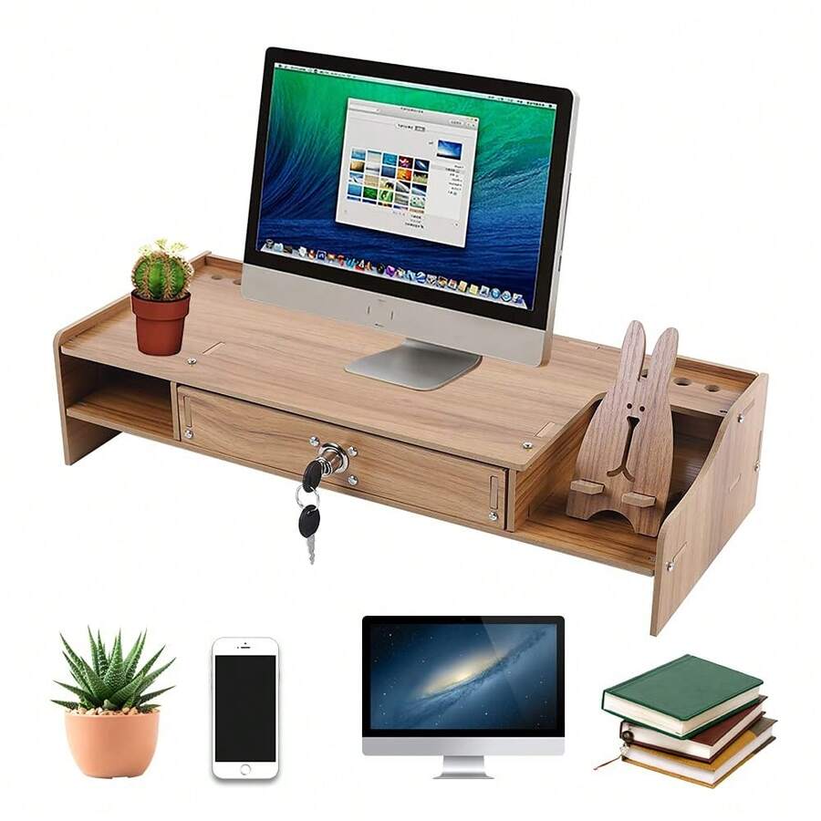 SENDERPICK Support pour écran d'ordinateur portable, support en bois à fixer sous un meuble, support pour ordinateur portable, rehausseur de table avec tiroir, verrou et support pour smartphone, 48 x 20 x 10,5 cm [Idéal comme cadeau pour vos proches] - Voir 1