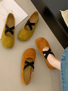 Zapatos Mary Jane de mujer de unicolor estilo preppy con correa cruzada y vamp bajo, punta redonda, zapatos casuales de oficina, para uso diario en todas las estaciones, suela blanda, sin cordones, ligeros, transpirables, cómodos y planos - Naranja Quemada - Ver 4