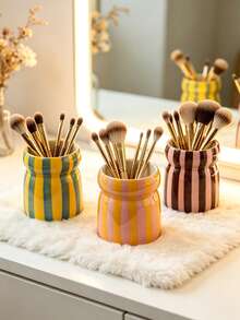 Soporte de brochas de maquillaje de cerámica lindo, organizador de brochas de cosméticos con rayas de colores para tocador, taza de almacenamiento de belleza estética, contenedor de herramientas de maquillaje estilo coreano, decoración moderna del hogar para dormitorio, baño y tocador - Multicolor - Ver 6