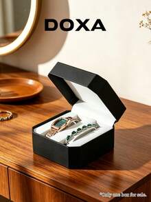 DOXA 黑色幾何翻蓋雙層珠寶收納盒，附加厚內襯與格欄分隔，奢華生日週年禮品盒 - 黑色 - 查看 4