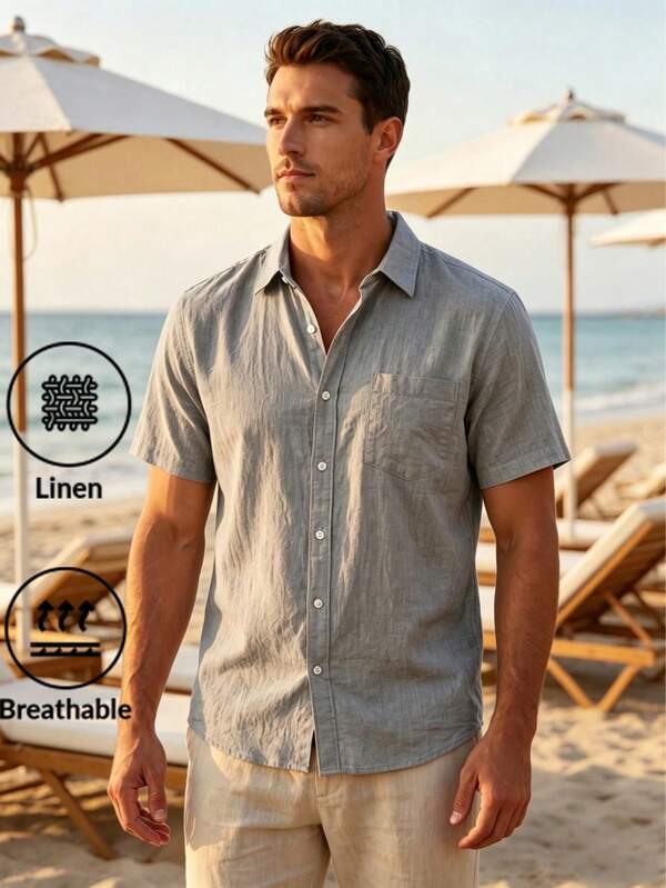 Hawaiian Style Linen Loose Casual Men's Henley Collar Lapel Pocket Solid Color Short Sleeve Shirt Cardigan
