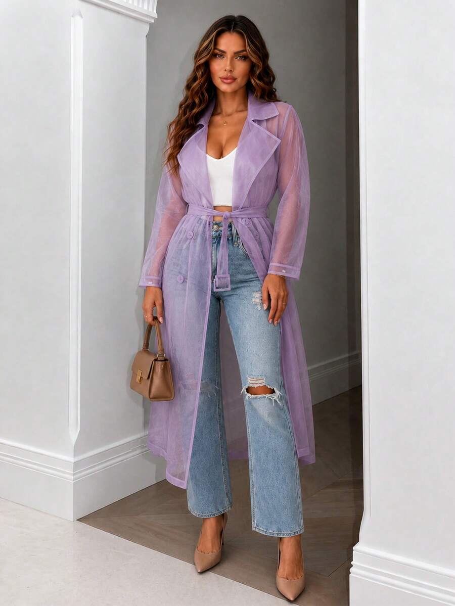 ChicMe Women's Sheer Mesh Long Sleeve See-Through Jacket Coat, Tie Front Button Down Long Windbreaker, Outdoor Apparel - Lilac Purple - View 1