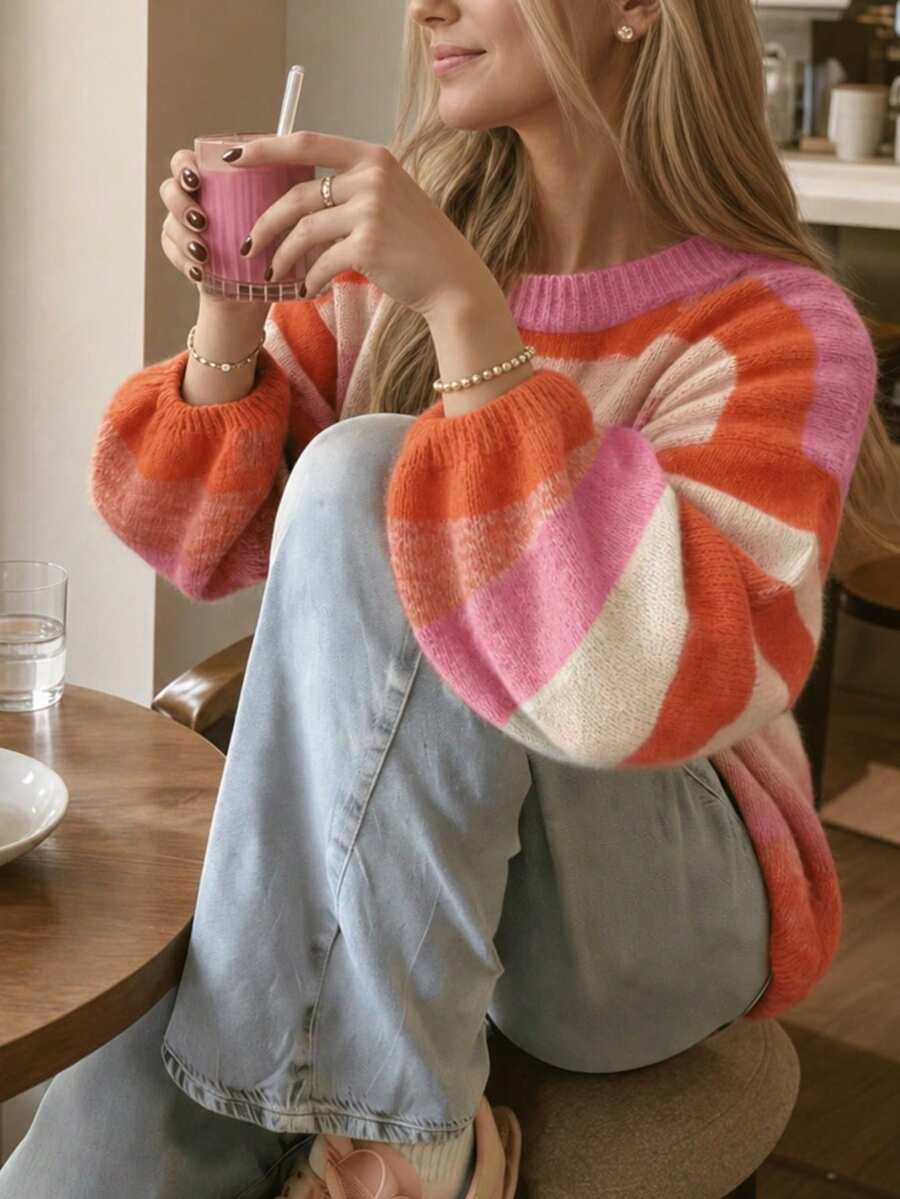 Women's Comfortable Striped Knit Pullover Sweater, Long Sleeve Loose Warm Pullover, Suitable For Winter Wear - Multicolor - View 1