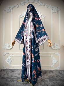 Hafizah Floral Print Robe And Headscarf 2 Pieces Set Vacation - Blue - View 8