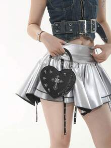 Women's Halloween Gothic Heart Mini Crossbody Bag, Y2K Punk Cross Skull Chain Handbag, Alt Style Party Evening Shoulder Bag - Black - View 6