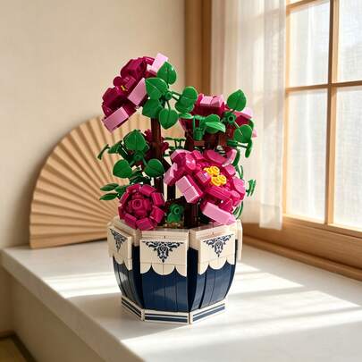 527 Teile Bauklötze, chinesischer Stil Vintage Rosa Violett Pfingstrose Blume, achteckiger blau-weißer Porzellan-Topfpflanzen-Ornament, Simulationsblumen-Montageblöcke, Heim-Schreibtisch-Dekoration, Feiertagsgeschenk, Pflanzen-Blumen-Modell, Bonsai grüner Bambus, Bonsai Weihnachtsstern Bauklötze,