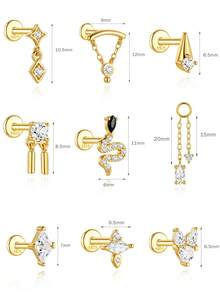 1pc 925 Sterling Silver Flat Back Earrings Hypoallergenic Dainty Cubic Zirconia Earrings Studs Flatback Dangle Stud Earring Helix Piercing Jewelry - Gold - View 4