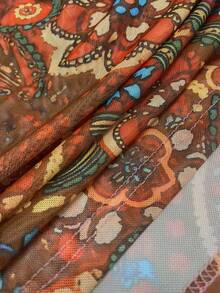 Atasan Vintage Motif Bunga Paisley Merah-Cokelat, Jaring Transparan, Leher Bulat, Pinggang Terikat, Lengan Panjang Berkerut, Potongan Ruffle, Mode Baru untuk Liburan Musim Semi, Gugur, Musim Dingin - Merah - View 6