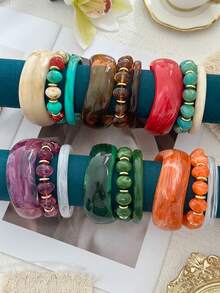 Vintage Acetate Resin Wide Bangle Bracelet For Women, European And American Solid Color Marble Pattern Wide Cuff, French Vintage Aesthetic Outfit Accessory - Multicolor - View 10