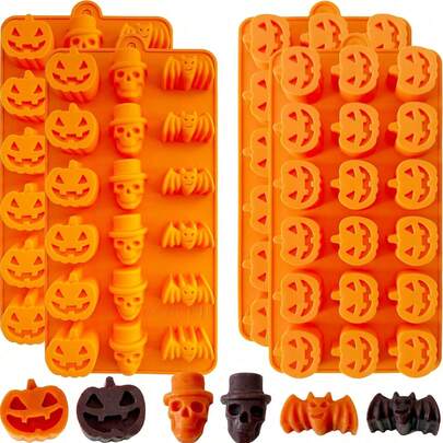 1 pieza Molde de chocolate para dulces de Halloween, molde de chocolate con forma de calabaza, murciélago y calavera de Halloween, molde de silicona para gelatina, dulces blandos, cera, cubitos de hielo y horneado, adecuado para decoración de cupcakes y pasteles de Halloween y Acción de Gracias