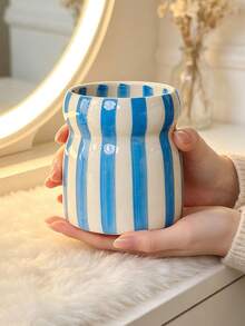 1pc Striped Ceramic Makeup Brush Holder, Cute Wavy Edge Makeup Brush Storage Cup, Multi-Color Vanity Desktop Organizer, Decorative Pen Holder, Home Bathroom Vanity Decor Storage Container - Multicolor - View 14