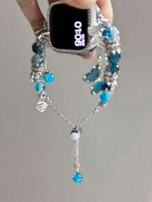 1pc Women's Blue Metal Exquisite Niche Butterfly Pendant Beaded Sparkling Rhinestone Watch Band Compatible With 38/40/41/44/45/49/42/46mm S11/SE3/Ultra3/Ultra/SE/SE2/10/9/8/7/6/5/4/3/2/1 - Blue Silver Chain - View 3