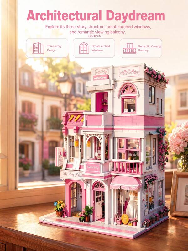 1004pcs Pink 3-Layer Wedding Dress Shop Street Scene Building Blocks, Adult Romantic European Style Wedding Shop Brick Assembly Set, Sweet Pink Rose Theme Wall Decor Painting, Girl's Bedroom Vanity Decoration