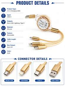 1pc 3-In-1 Retractable Charging Cable, 1.2m USB-A To Type-C/8-Pin/Micro USB, Up To 3A Silicone Multi Charger Cord For Phones, Tablets & Power Banks, Gold - Gold - View 2