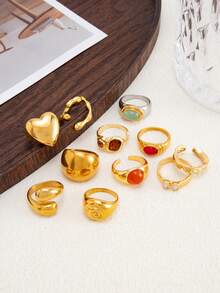 Bộ 11 nhẫn thời trang vintage sang trọng đính đá quý resin và rhinestone hình học, nhẫn kim loại dáng dày hình trái tim, nhẫn đeo chồng, phù hợp đeo hàng ngày, dự tiệc, làm quà tặng lễ tết - Vàng - Xem 3