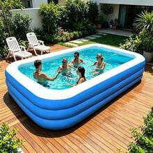 1pc Giant Thickened PVC Inflatable Swimming Pool, Extra Large Portable Foldable Easy-To-Assemble Water Play Pool, Suitable For Summer Home Garden, Backyard, Patio Outdoor Cooling Pool, Blue And White - Multicolor - View 5