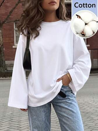 Damen Frühling/Sommer elegantes frisches charmantes lässiges Pendler-Mode einfarbiges minimalistisches langes Top weißer Stoff leicht transparent locker langärmliges T-Shirt Rundhalsausschnitt Schulterdesign lässiger Basic-Stil geeignet für Herbst Streetwear und tägliche Outfits