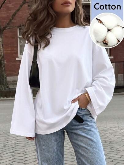 Damen Frühling/Sommer elegantes frisches charmantes lässiges Pendler-Mode einfarbiges minimalistisches langes Top, weißer Stoff leicht transparent locker geschnittenes Langarm T-Shirt, Rundhalsausschnitt Schulterdesign, lässiger Basic-Stil, geeignet für Herbst-Streetwear und tägliche Outfits