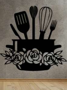 Rustic Black Metal Wall Art With Floral And Tableware Pattern - Easy To Install, Durable Kitchen Decor - Black - View 2