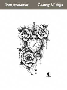 Semi-Permanent Pearl Rose Heart Pocket Watch Pattern Tattoo Sticker, Party Holiday DIY Gift, 1-2 Weeks No Fading, Non-Reflective, Arm Shoulder Back Leg Temporary Waterproof Tattoo Sticker, 1pc/Pack - Blue - View 4