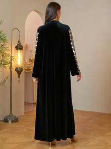 Middle East Autumn/Winter Elegant Women's Kaftan Long Dress With V-Neck Design, Colorful Embroidery, Long Sleeves, Flowy Fashion, Suitable For Home, Daily, Dating Wear - Black - View 3