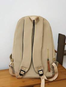 Dedoo Solid Color Canvas Zipper Large Capacity Multi-Pocket Lightweight Student Backpack, Suitable For Back To School Season Campus Travel, Applicable To Students And Teenagers, Random Letter - Khaki - View 2