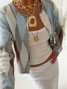 Women's Vintage Argyle Cardigan, Long Sleeve Round Neck Knit Top, Button Detail, Regular Fit, Winter Fashion Top, Vacation, Fall - Grey - View 8