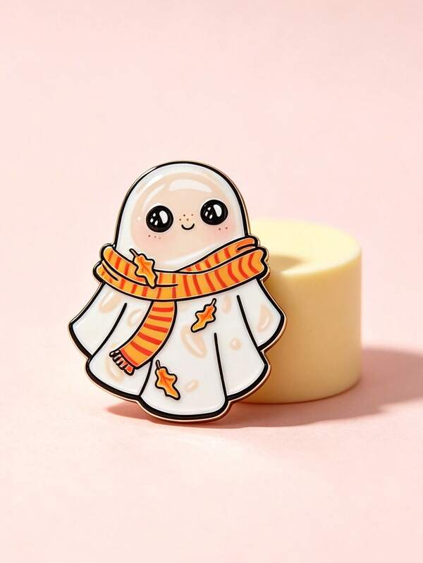 1 pieza Broche con patrón de fantasma de dibujos animados lindo con bufanda, alfiler de metal esmaltado divertido, alfiler decorativo creativo para mochilas, regalos de Halloween