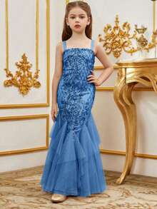  Tween Girls Sequin Gown - Pastel Pink Spring Ensemble For Birthday Parties & Flower Girl Ceremonies - Perfect For Easter & Spring Events - Blue - View 4