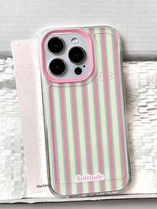 1pc Pink Green Vertical Stripe Solitude English Print Pink Large Window Transparent TPU Phone Case, Raised Camera Frame Full Coverage Shockproof Protective Shell, Compatible With All Apple Series, Fresh Dopamine Korean Ins Style - Clear - View 6