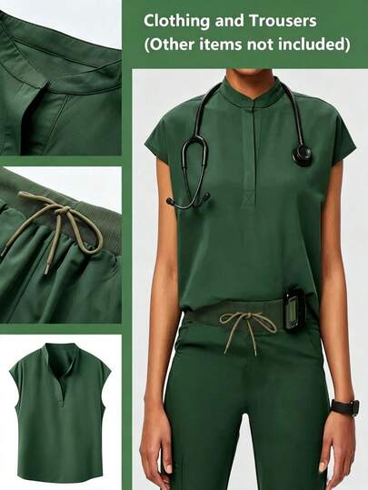 Solid Color Mandarin Collar Spring/Summer Multi-Pocket Set, Casual Sports Outdoor 2-Piece Outfit, Women's Fashion Commute Work Suit