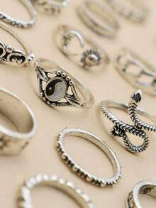 16Pcs Vintage Bagua Sun Moon Snake Leaves Flowers Joint 16Pcs Set Rings - Antique Silver - View 3