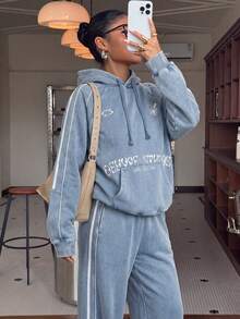 秋季插肩條紋連帽衛衣套裝女垂感闊腿運動衛褲兩件套 - 灰藍色 - 查看 11