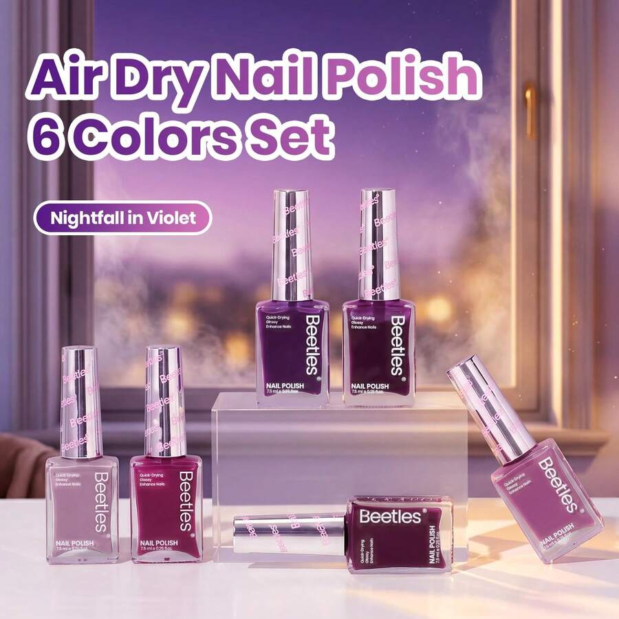 Beetles 6 Colors Purple Nail Polish Set, Quick Dry Air Dry Regular Nail Polish, Dusty Mauve, Dark Purple, Burgundy, Grape & Berry Red, No UV Lamp Needed, 7.5ml Each - 6 Colors Purple Nail Polish Set - 查看 1