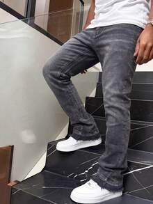 Men's Retro Washed Stretch Slim Flared Jeans, Casual Street Fashion Design, Suitable For All Seasons - Grey - View 6