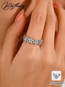 Besthing 1pc S925 Sterling Silver 0.5CT Round Moissanite Diamond Luxury Delicate Flower Women's Engagement Ring For Date, Daily Wear, Holiday Gift - Silver - View 1