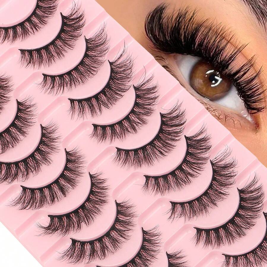 10 Pairs Of D-Shaped Curled Russian Strip False Eyelashes, Natural And Voluminous, Delicate And Dramatic 3D Effect. (False Eyelashes, Strip False Eyelashes, Eyelashes, False Eyelashes) - Black - View 1