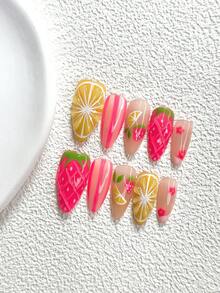 10 piezas de uñas postizas de estilo de frutas de verano hechas a mano, juego de uñas de gel de poliuretano, patrón de limón & fresa, esmalte de uñas amarillo & rosa, estilo de chica dulce, incluye herramientas para uñas, 3 tamaños disponibles, forma de almendra, pato, ataúd, adecuado para fiesta, baile, uso diario - Multicolor - Ver 12