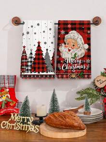 4 toallas de cocina navideñas (2 de mano 2 de baño) con diseño festivo: Papá Noel y árbol de Navidad estampados en frente, combinación clásica de cuadros rojos y negros en el reverso.Hechas en algodón suave y absorbente (380 gm²), ideales para uso diario en cocina, baño o como paños multiusos.Perfectas para limp - Caqui - Ver 3