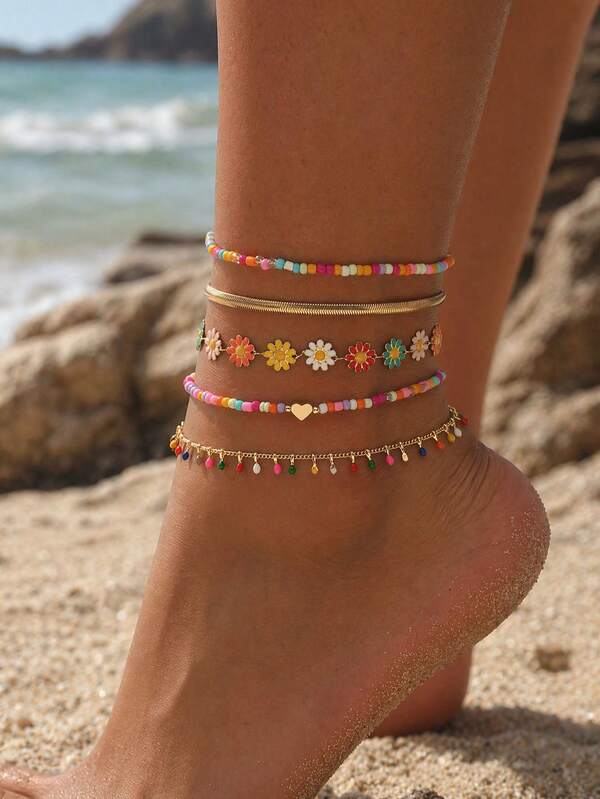 Juego de 5 piezas/Set de tobilleras de verano frescas y coloridas, cuentas de semillas coloridas, margarita, cadena de metal fina, joyería para pies de mujer, estilo dulce de nicho, adecuado para playa, citas, uso casual diario, cuentas de semillas, margarita y borla, la cantidad y el arreglo de colores son aleatorios