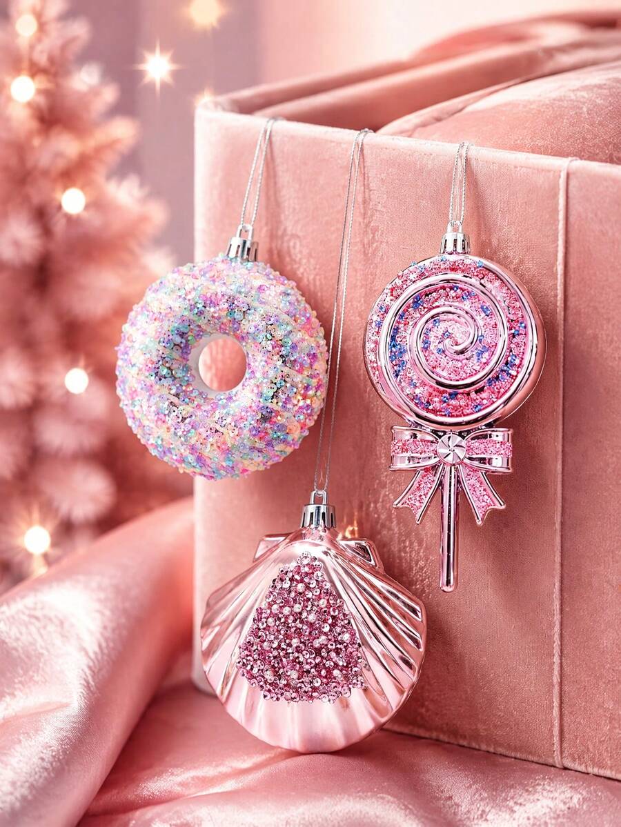粉色亮片聖誕裝飾品,3D可愛甜甜圈棒棒糖貝殼造型閃亮聖誕吊飾,優雅冬季仙境裝飾,適用於聖誕樹、居家、派對、窗戶陳列與節日禮物裝飾,甜美馬卡龍色系聖誕裝飾,適合臥室、婚禮、生日佈置 - 粉紅色掛件 - 查看 1
