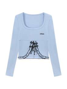 CHUU Letter Embroidered Long Sleeve T-Shirt Women Autumn Ruffle Trim Patchwork Cropped Tie Waist Top - Blue - View 10