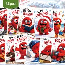 36Pcs Red Fluff Monster Positive Affirmation Cards, Inspirational Mood & Encouragement Quote Cards, Funny Fluffy Monster Self Care Cards - Sets - View 2