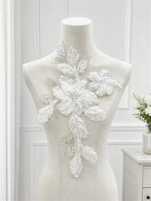 1pc White 3D Chiffon Floral Beaded Applique, Sheer Tulle Flower Patch, Sew On Motif For Wedding Gown Evening Dress - White - View 8