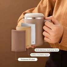 1件 480ml 304不鏽鋼咖啡杯附蓋子、吸管與湯匙，雙層保溫咖啡杯，防漏飲料茶牛奶水杯，防燙飲水杯，適合成人與學生在家中、學校、辦公室、野餐、旅行使用 - 咖啡棕 - 查看 8