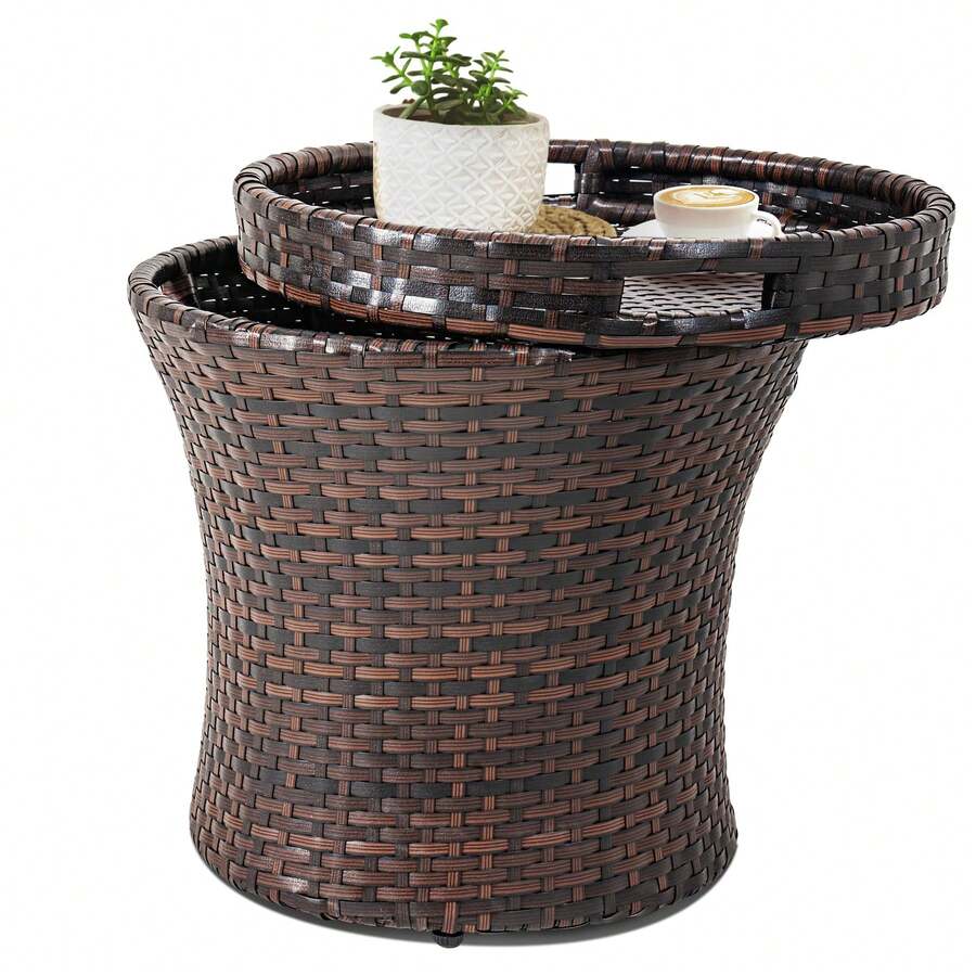 CozyChicHome Outdoor Wicker Side Table With Storage, 20 Inch Small Patio Rattan End Table Accent Tables With Lid, Steel Frame Lightweight Brown - Brown - View 1