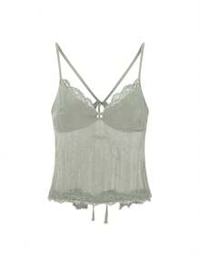 Women Summer Y2k Casual Lace Patchwork V-Neck Tank Top Fashionable Spaghetti Straps Open Back Crop Tops Sleeveless Tie Up Back T-Shirt Streetwear - 淺綠色 - 查看 3