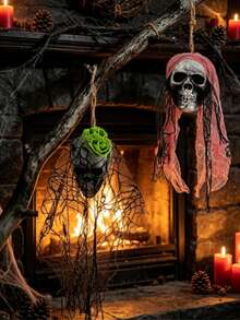 1Pc Halloween Mini Hanging Skull Ghost Decor, Tattered Mesh Skeleton Pendant, Creepy Hanging Ornament For Haunted House, Horror Party Scene Arrangement - Skull - View 8