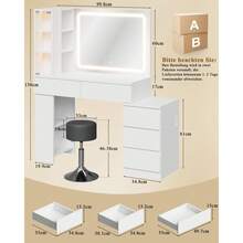 Devoko Vanity Table With LED Mirror, Dressing Table With 5 Drawers, 3 Illuminated Display Cabinets, Open Shelves, Bag Storage, Power Panel, And Selectable Chair Combination, White - 查看 11