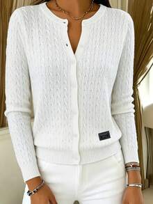 Women's Elegant Autumn/Winter Cable Knit Cardigan, Round Neck Long Sleeve, Ribbed Knit Detail, Regular Length, Sweater Jacket - White - View 4